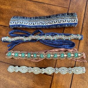 Beaded Bling Boho Headband Set of 4 Hair Jewelry Accessories Blue Brown Green